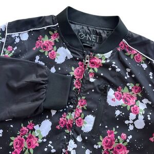 G-NET Women XL Black Pink Floral Paint Splatter Zip Bomber Jacket Streetwear Y2K